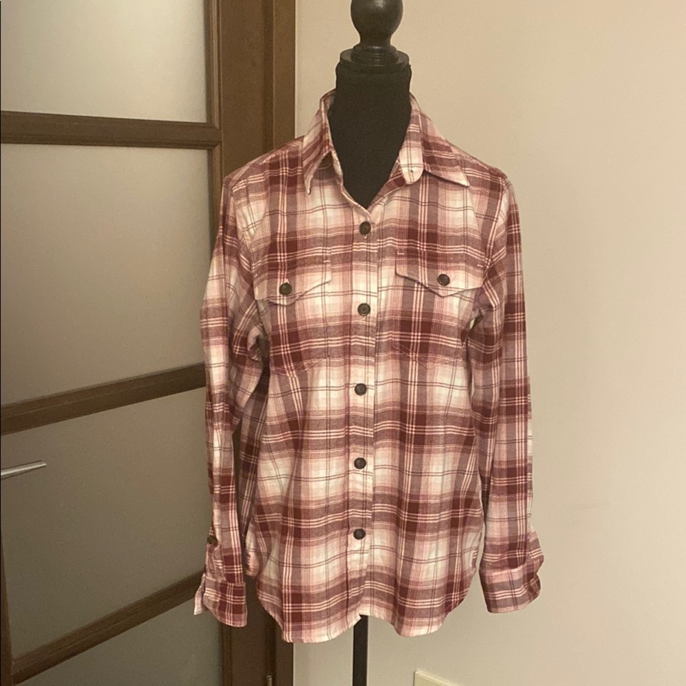 Tilley Cream & Burgundy Cotton Button Up Shirt size small
